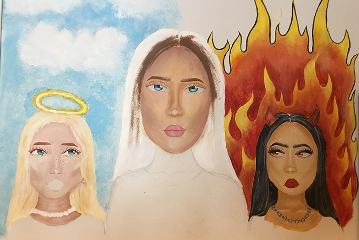 Ett foto på ett konstverk föreställande tre kvinnor.