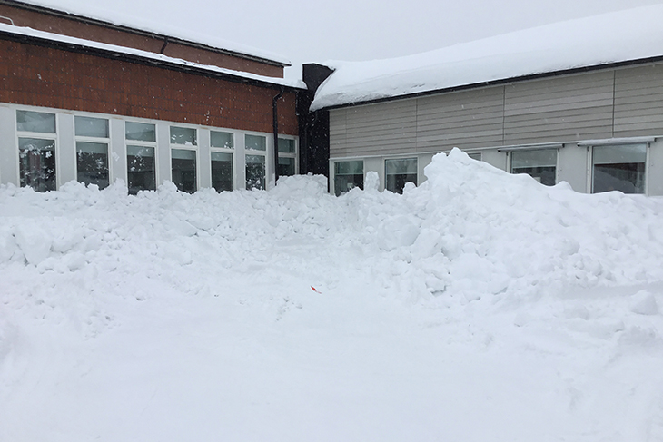 Massa snö som nästan når ända upp till skoltaket.