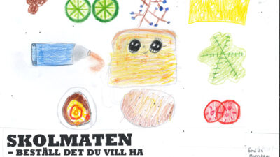 Teckning föreställande framtidens skolmat.