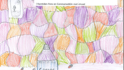 En teckning av en flaska med coronamedicin.