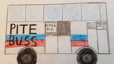 Teckning på en buss. På bussen så står det Pite buss.