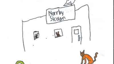 Teckning föreställande en skola och husdjur.